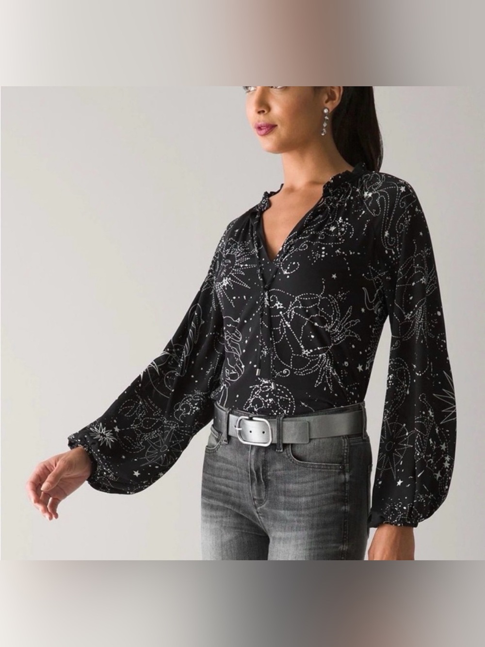 WHBM Woven Long-Sleeve V-Neck Blouse in Black Constellation l Print